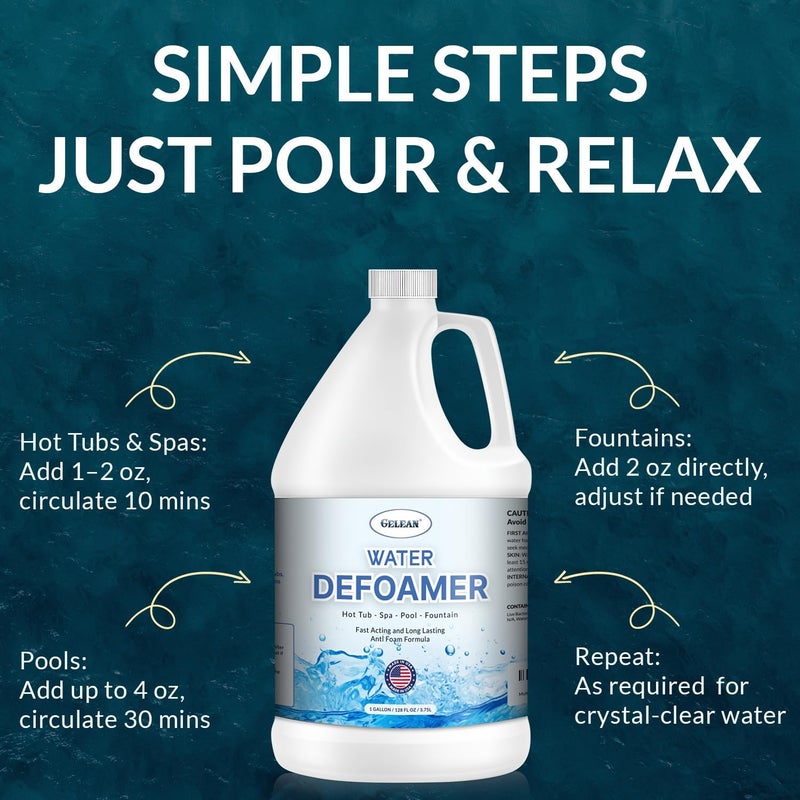 GELEAN Hot Tub Defoamer - Pool, Fountain, Spa Anti Foam Defoamer -128oz- Eco Friendly & Safe Water Anti Foam - Quickly Removes & Prevents Foam - Silicone Emulsion HotTub Chemicals Made in USA, - Image 4